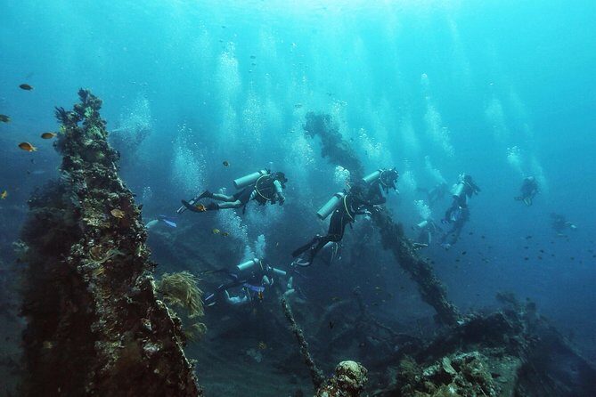 Dive at Tulamben Bali USS Liberty Ship Wreck - USS Liberty Shipwreck: WWII metal hull, coral, fish, and possible turtles